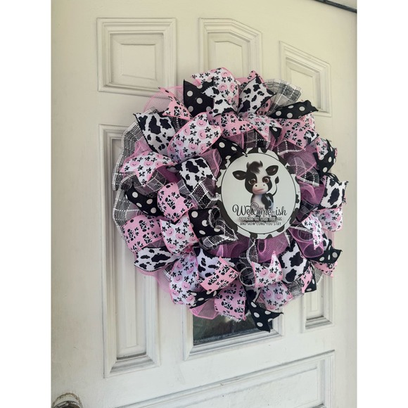 Pink Black Cow Welcome-ish Mesh Ribbon Spring Wreath Front Door Hanger Decor - Picture 5 of 8